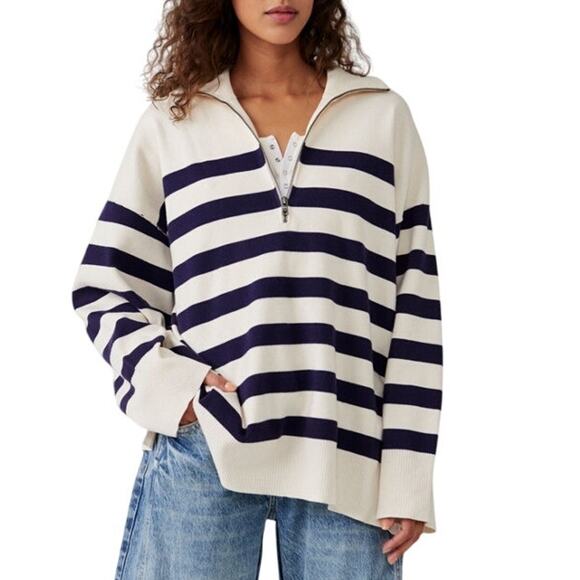 Free People Sweaters - FREE PEOPLE Women's Coastal Stripe Pullover Size S In Champagne Navy Combo